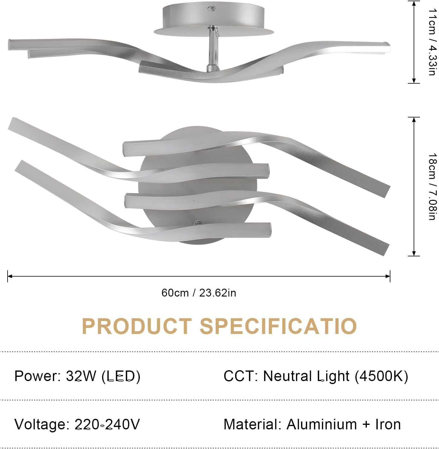 Ceiling Light - Silver Aluminium Frame, Natural Light