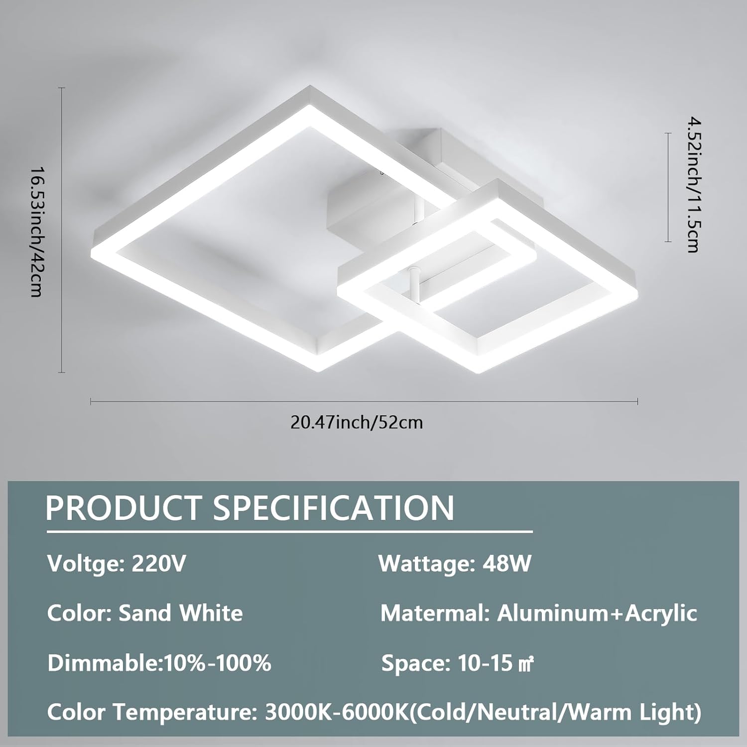 Ceiling Light - White Acrylic Frame, Tunable and Dimmable