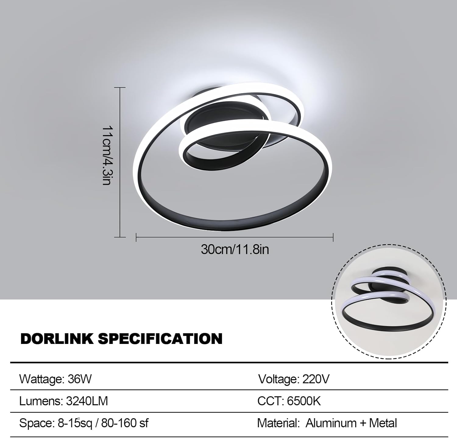 Ceiling Light - Black Aluminium Frame, White Light