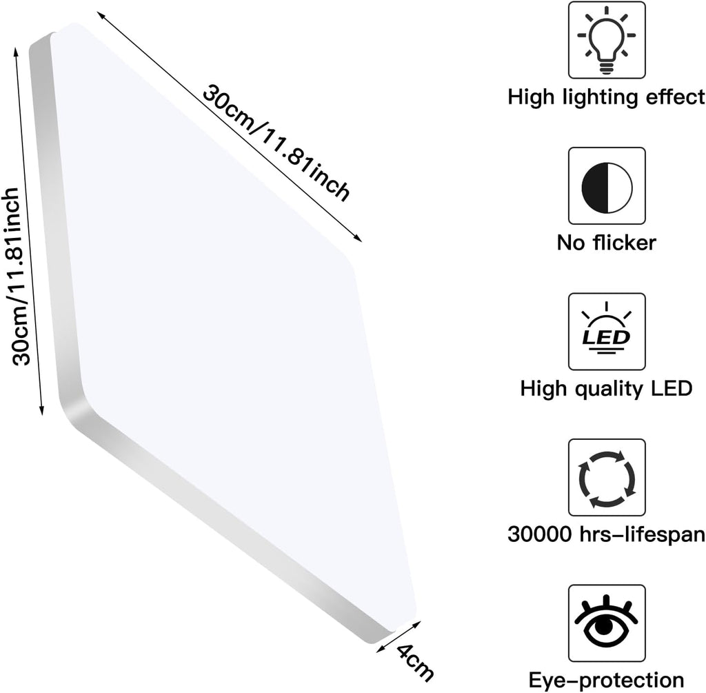 Comely LED Plafonnier 30x30 cm, 48W Blanc Froid 6500K, Plafonnier LED Plat Blanc, IP54 Étanche, Économie d'Énergie, Ultra-fin, pour Salle de Bain, Cuisine, Bureau, Couloir, Salon