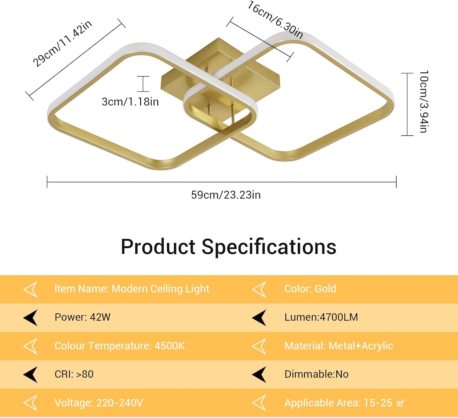 Ceiling Light - Gold Aluminium Frame, Natural Light