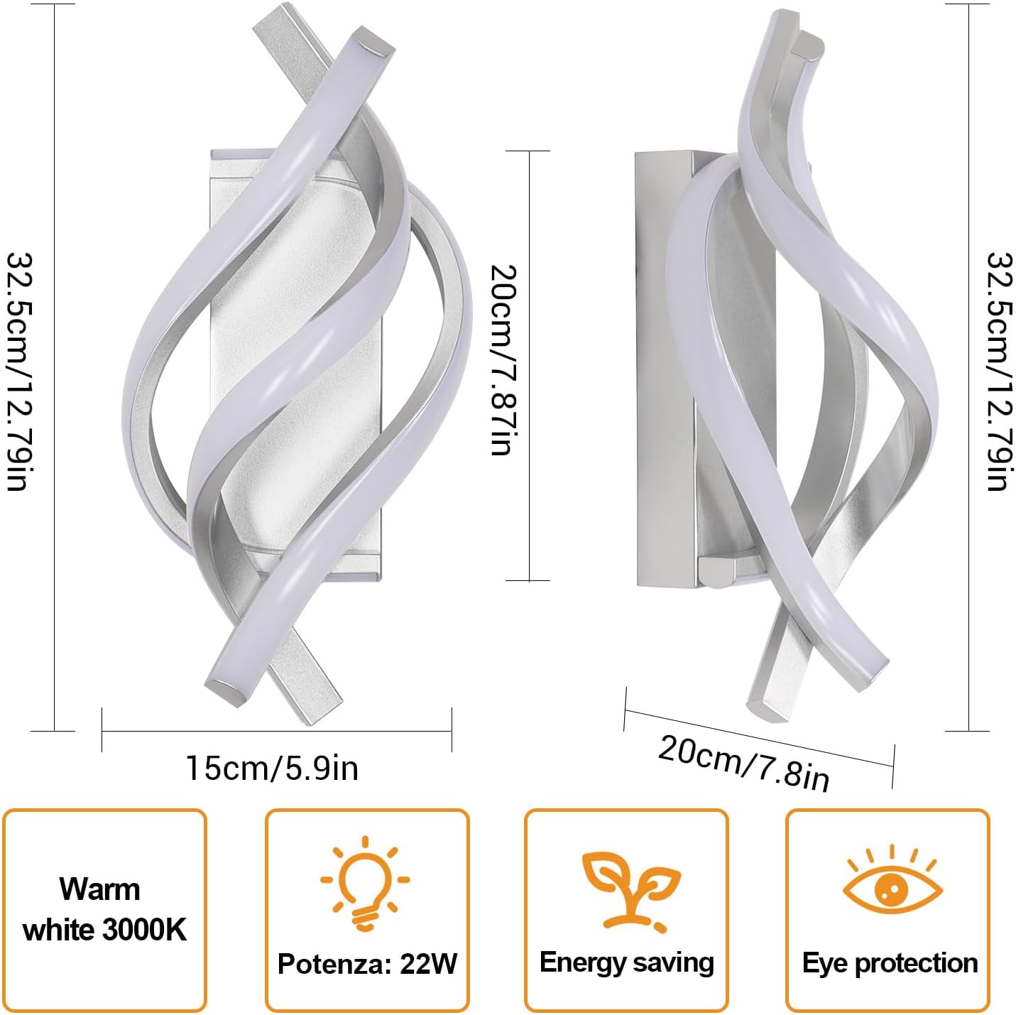 Wall Light - Silver Aluminium Frame, Warm Light