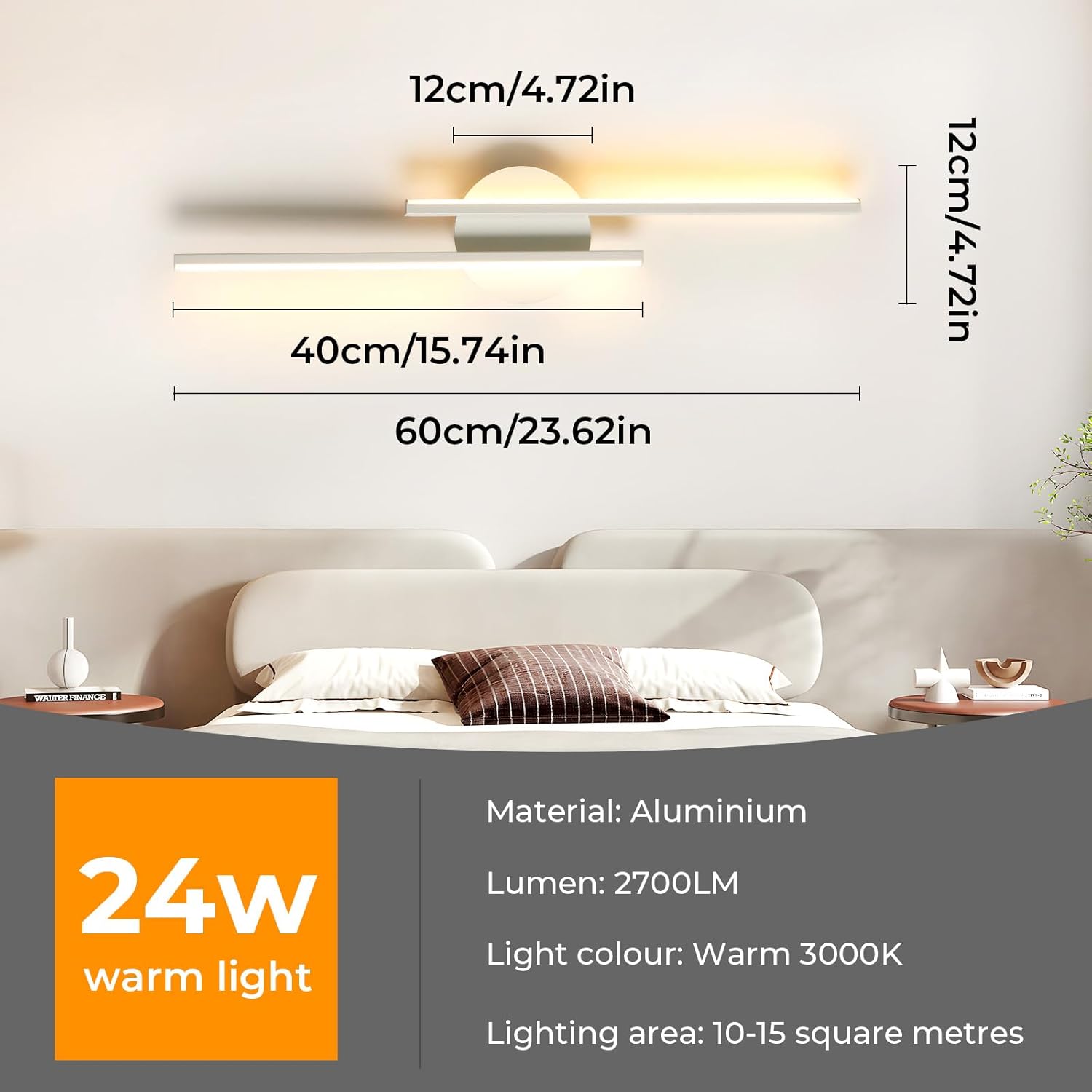 Comely Applique Murale LED Moderne, 24W 2700LM Blanc Applique Murale LED Interieur, Lampe Murale LED 60CM Pour Chambre, Salon, Alle à manger, Couloir, Escalier, Blanc Chaud 3000K