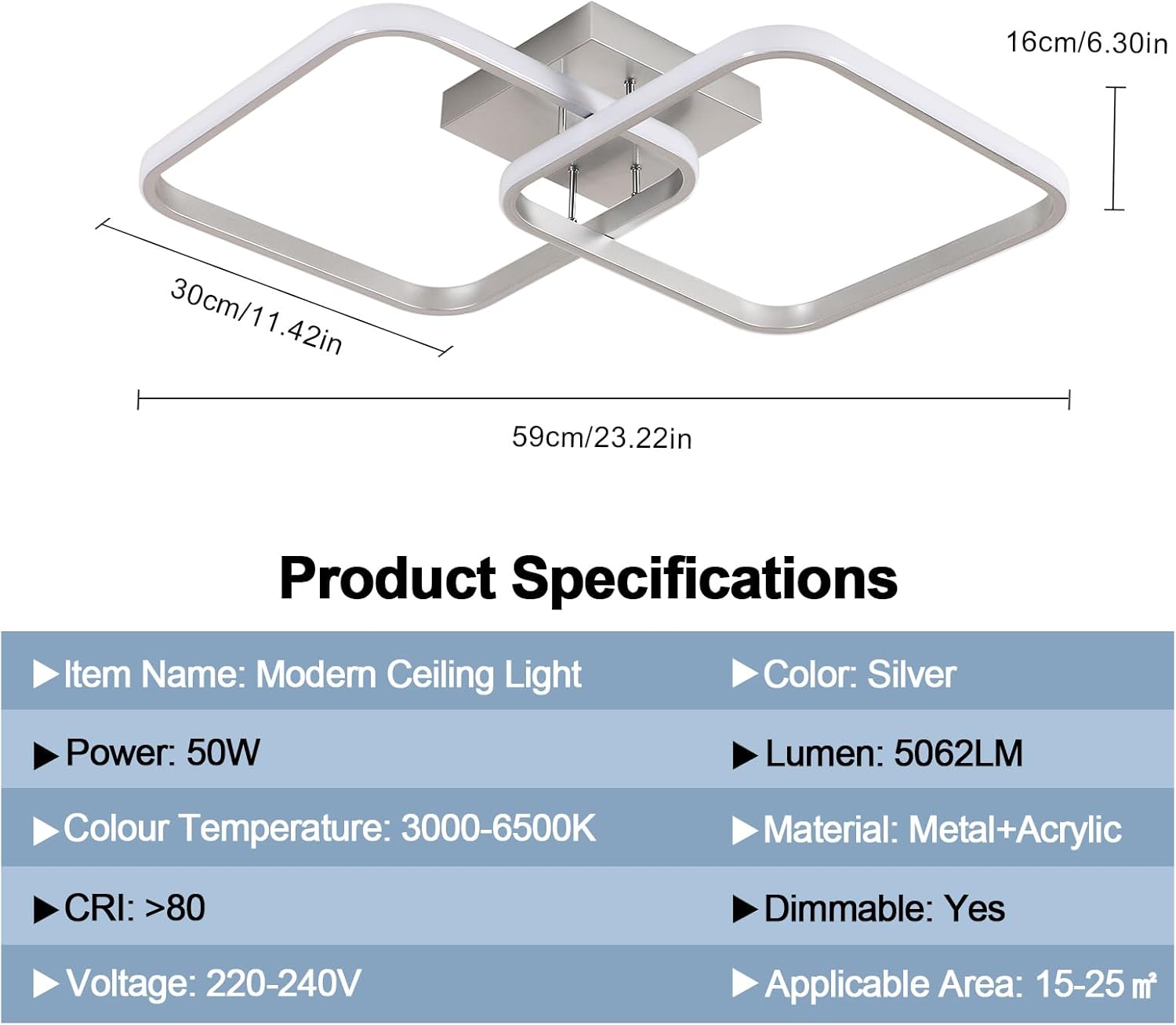 Ceiling Light - Silver Aluminium Frame, Tunable and Dimmable