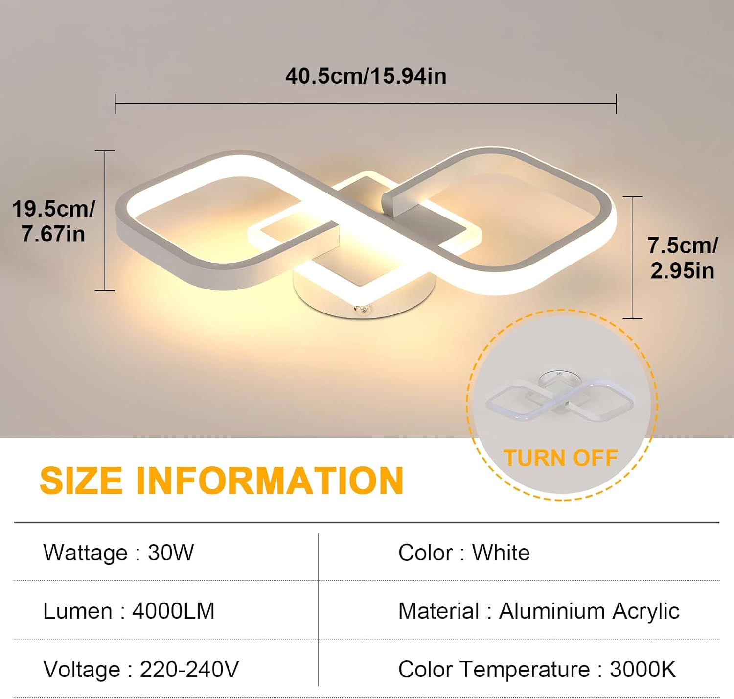 Ceiling Light - White Acrylic Frame, Warm Light
