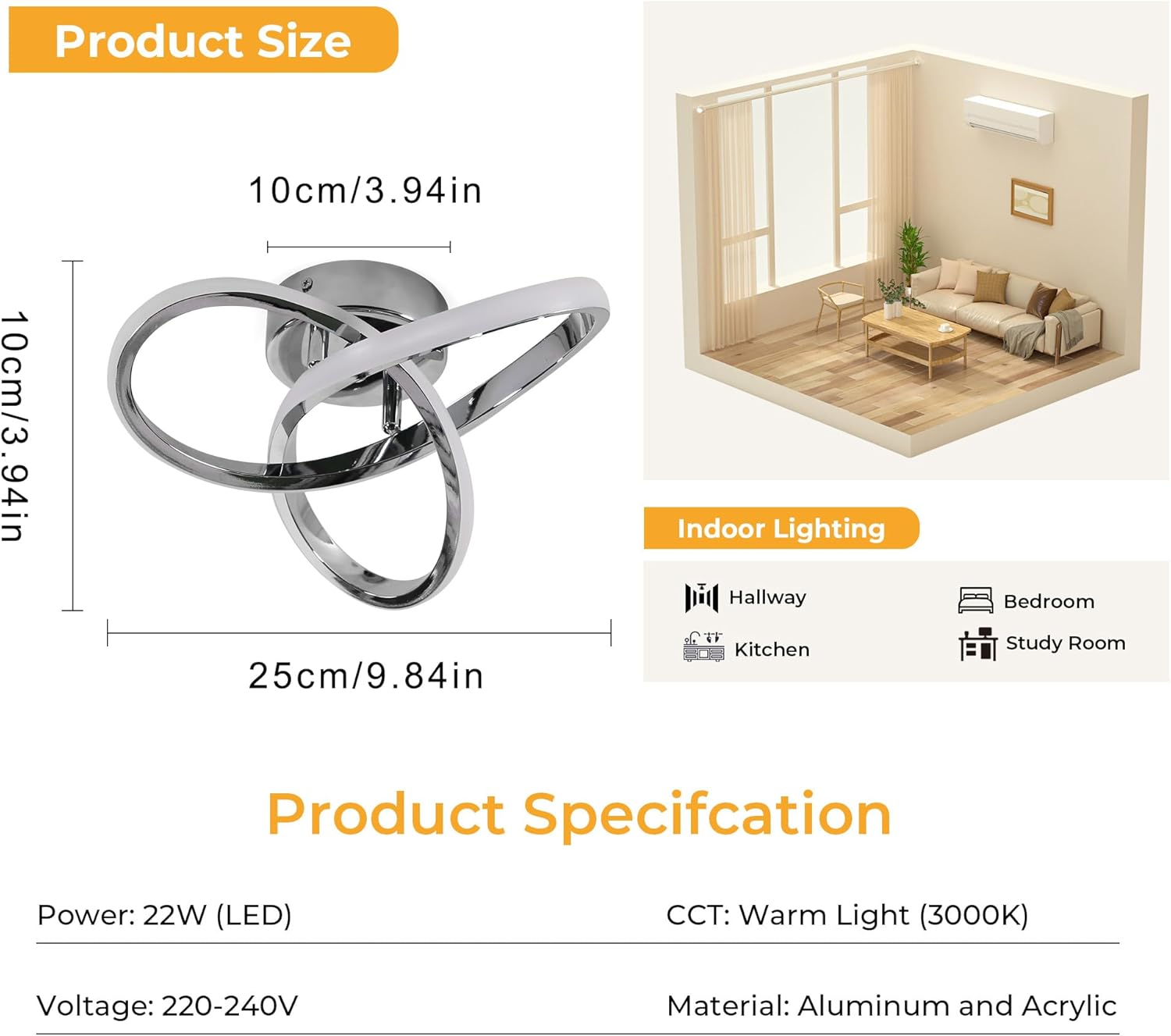Ceiling Light - Chrome Aluminium Frame, Warm Light