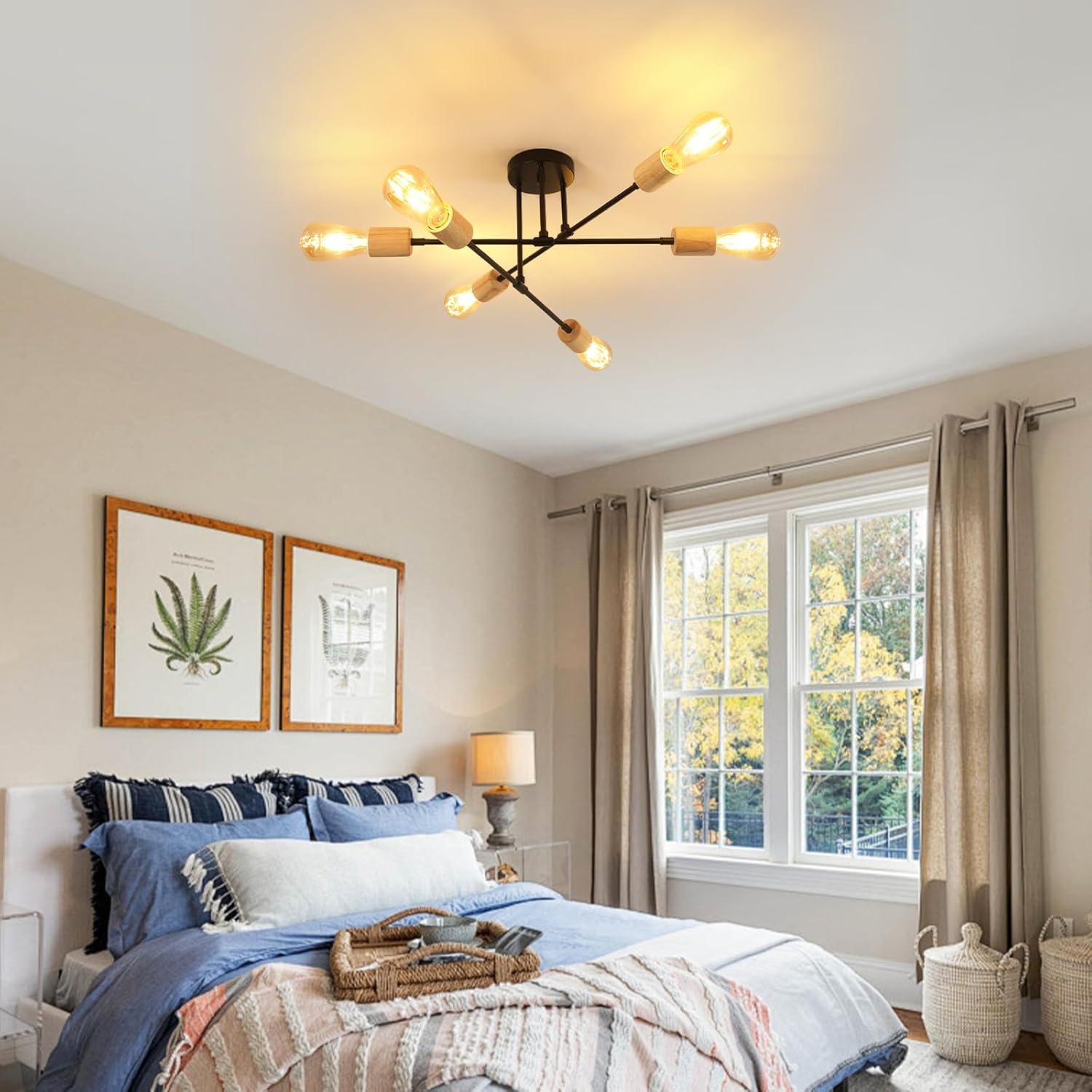 Ceiling Light - Black & Wood Metal Frame