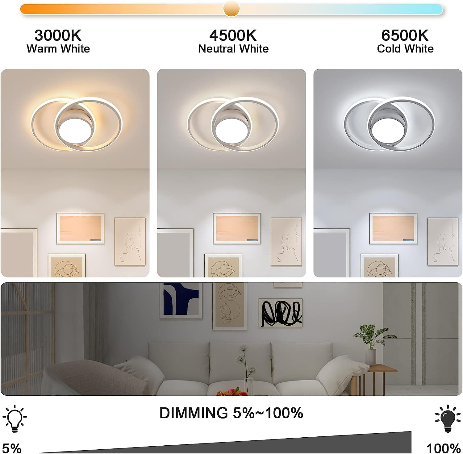 Ceiling Light - White Metal Frame, Tunable and Dimmable