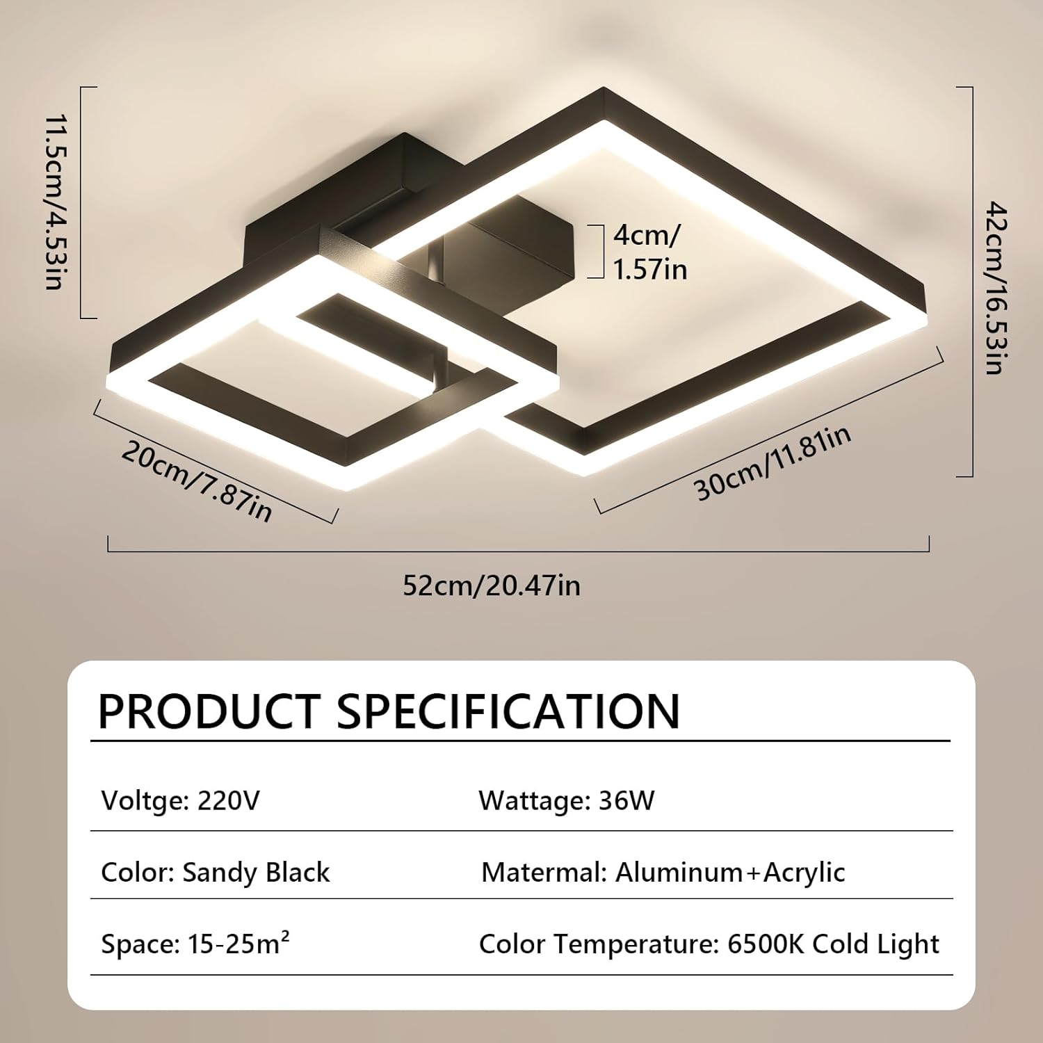 Ceiling Light - Black Acrylic Frame, Tunable and Dimmable