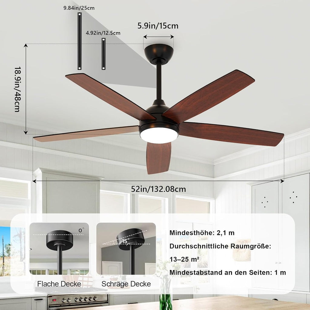 Ceiling Fan Light - Black Wood Frame, Tunable and Dimmable
