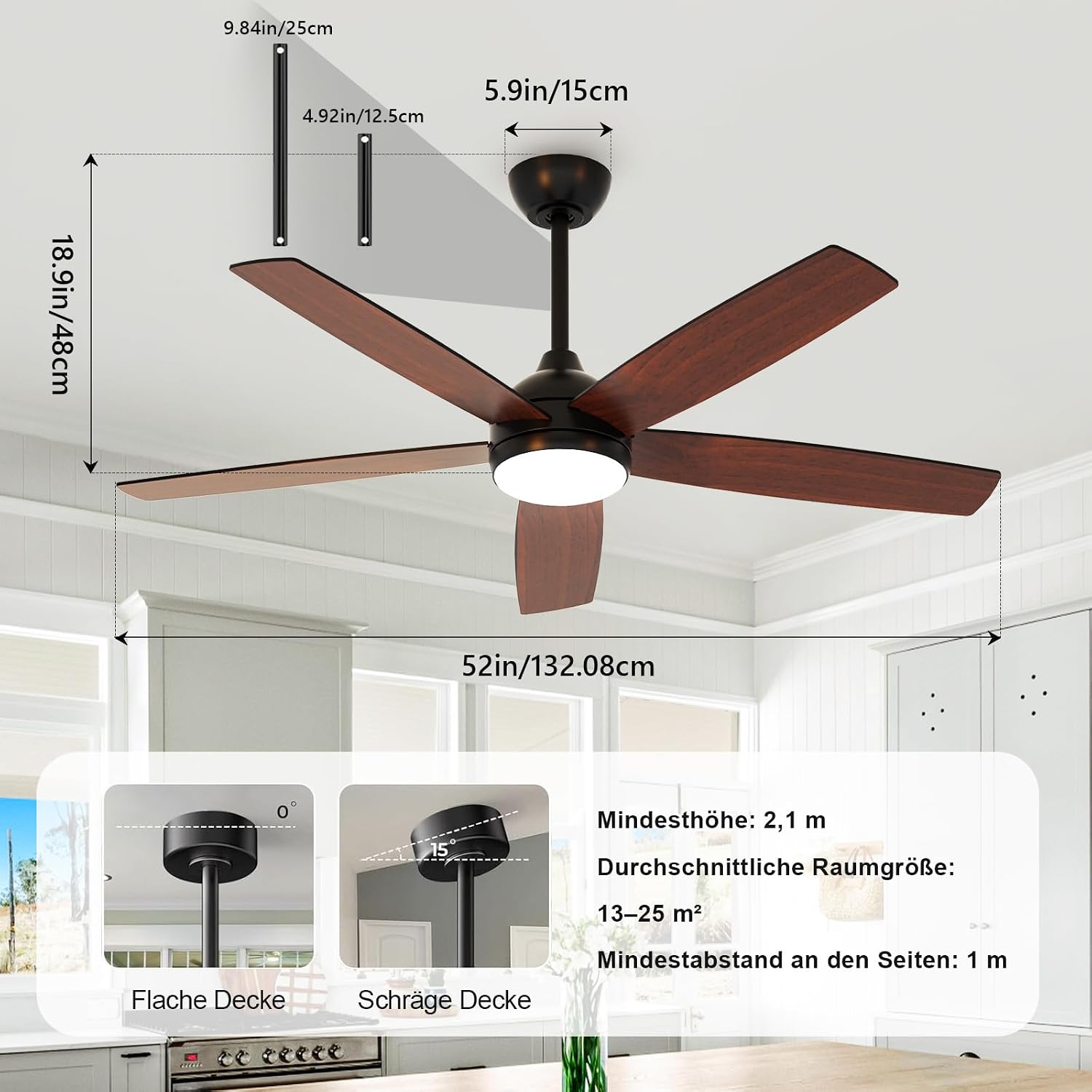 Ceiling Fan Light - Black Wood Frame, Tunable and Dimmable