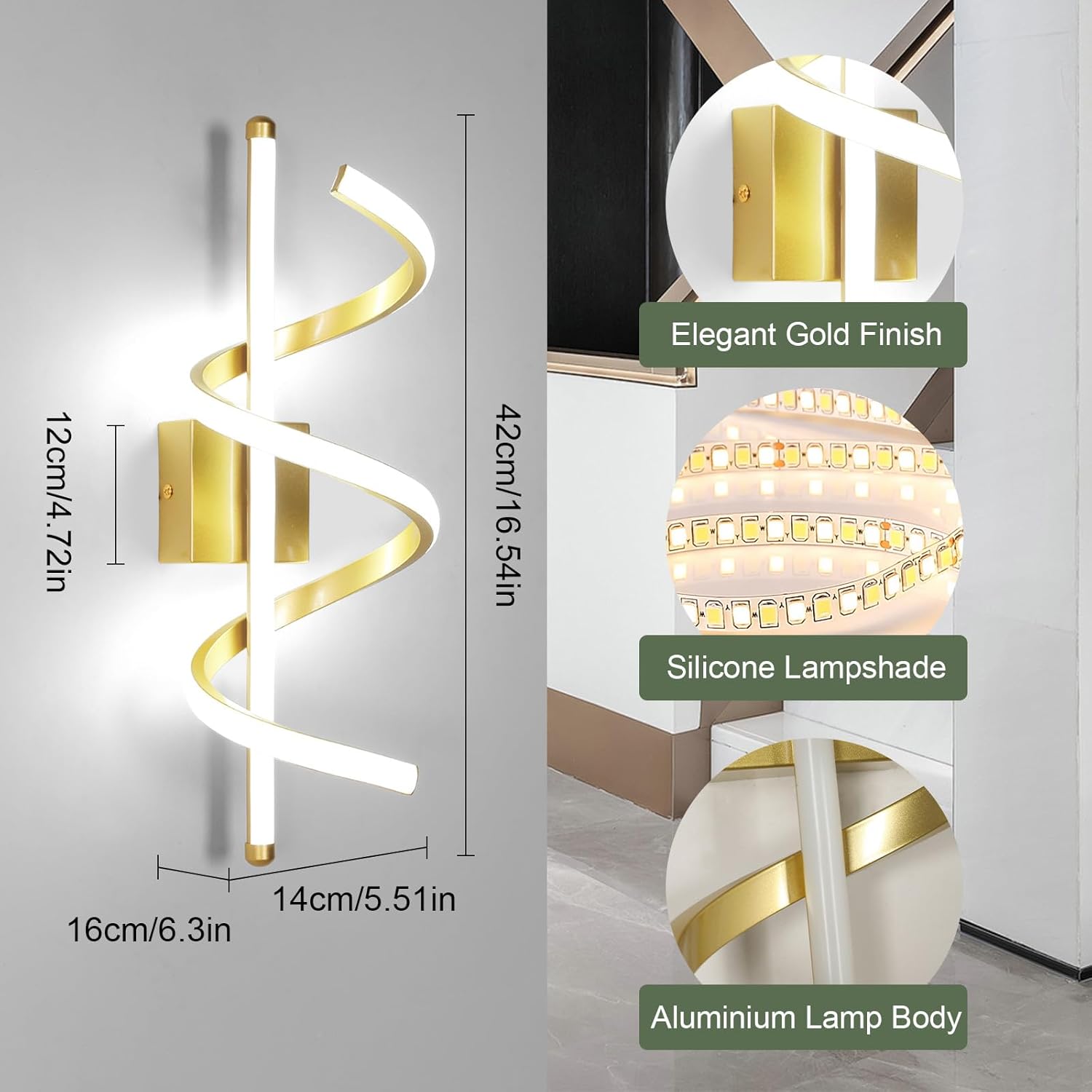 Wall Light - Gold Aluminium Frame, White Light