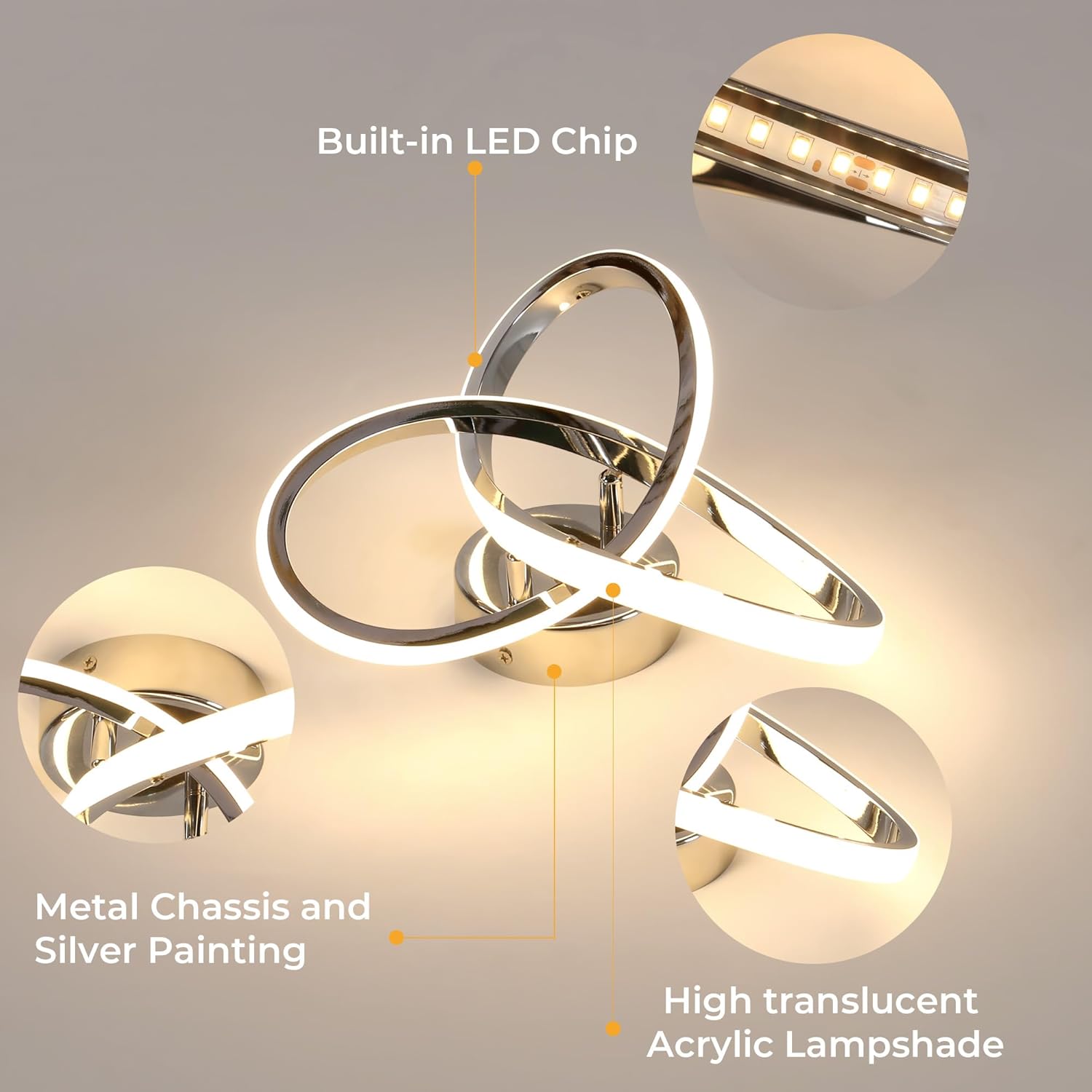 Ceiling Light - Chrome Aluminium Frame, Warm Light