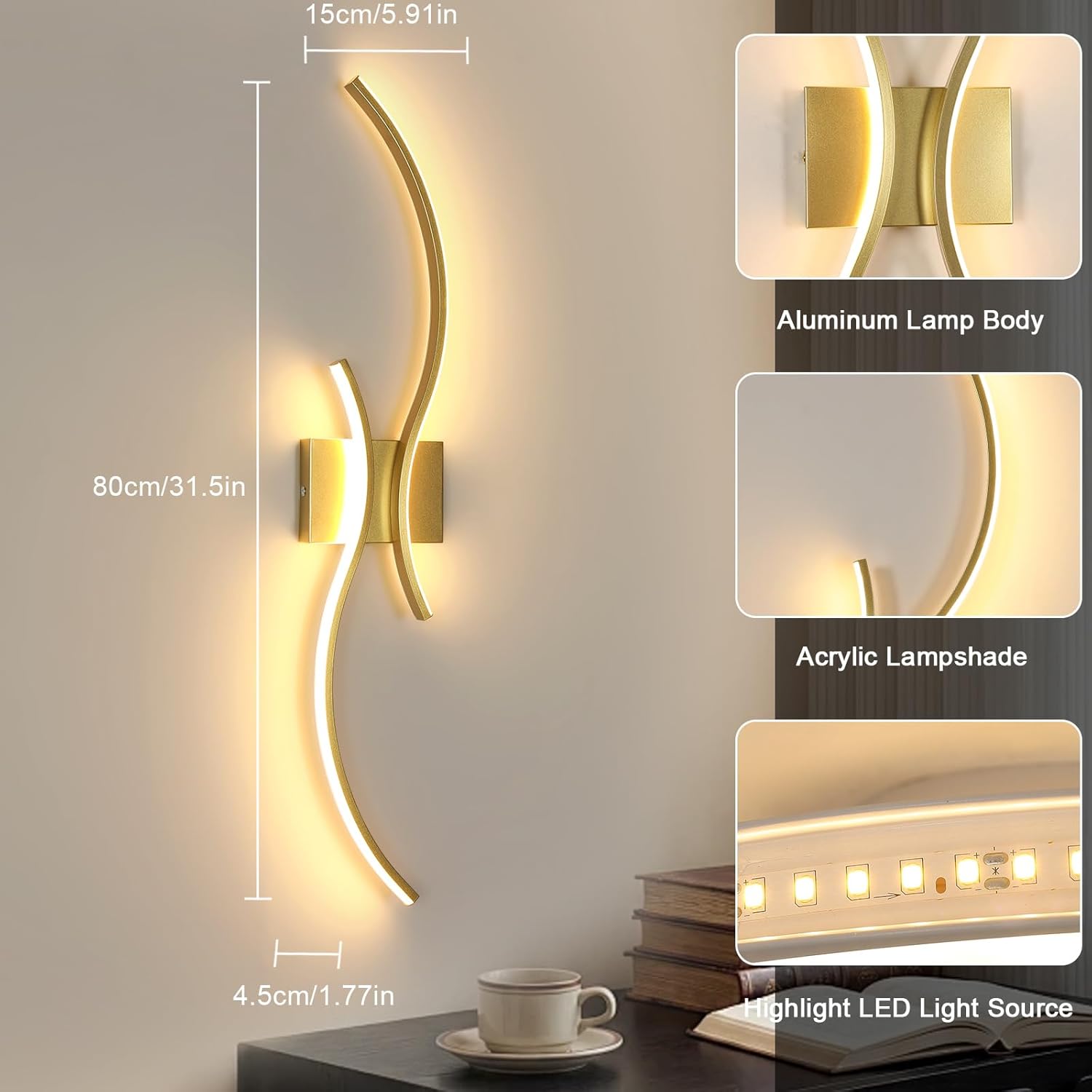 Wall Light - Gold Aluminium Frame, Tunable and Dimmable