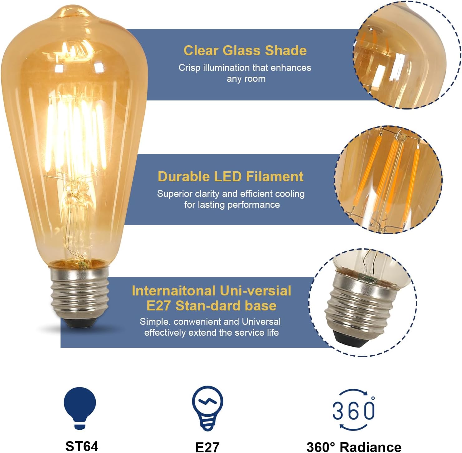 LED-Glühbirnen – Bernstein-Glasrahmen, warmes Licht