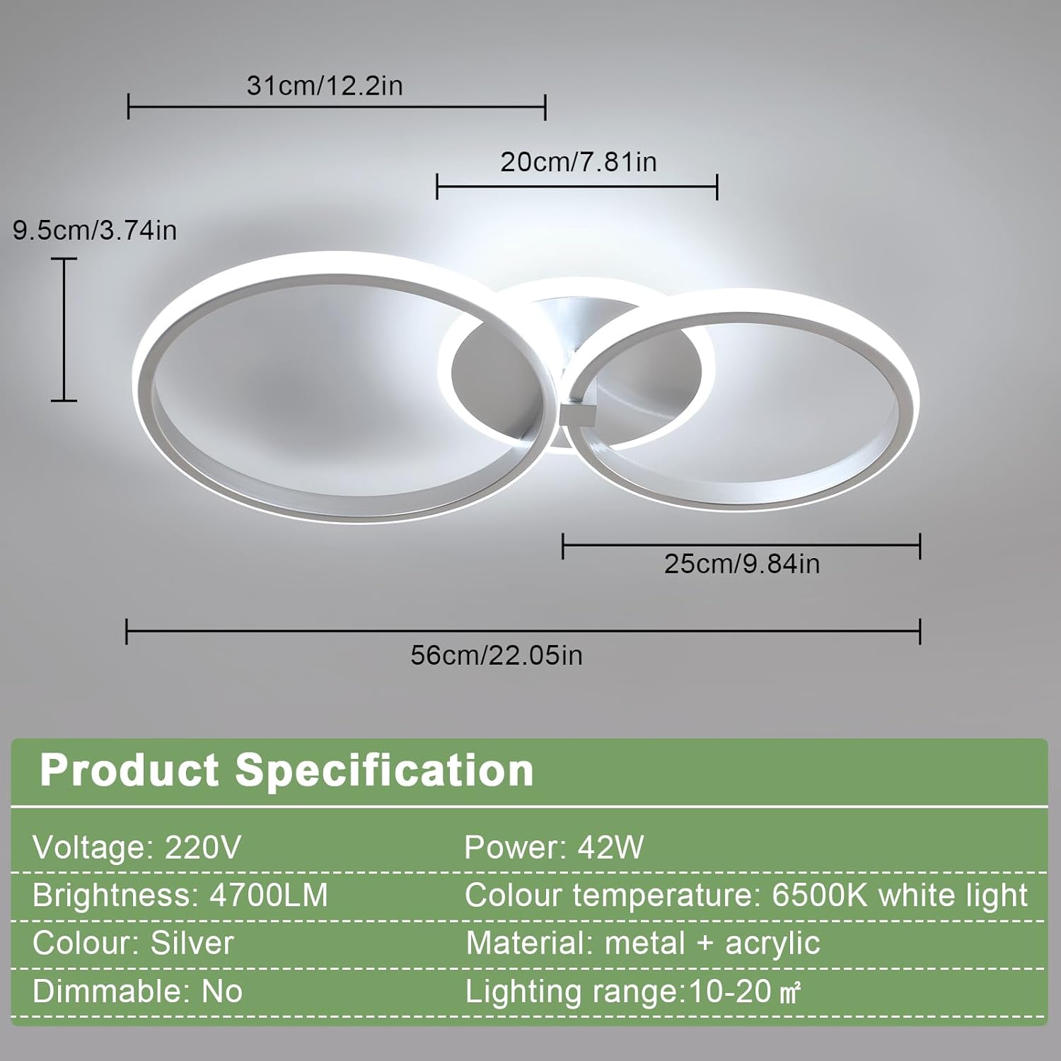 Ceiling Light - Silver Acrylic Frame, White Light