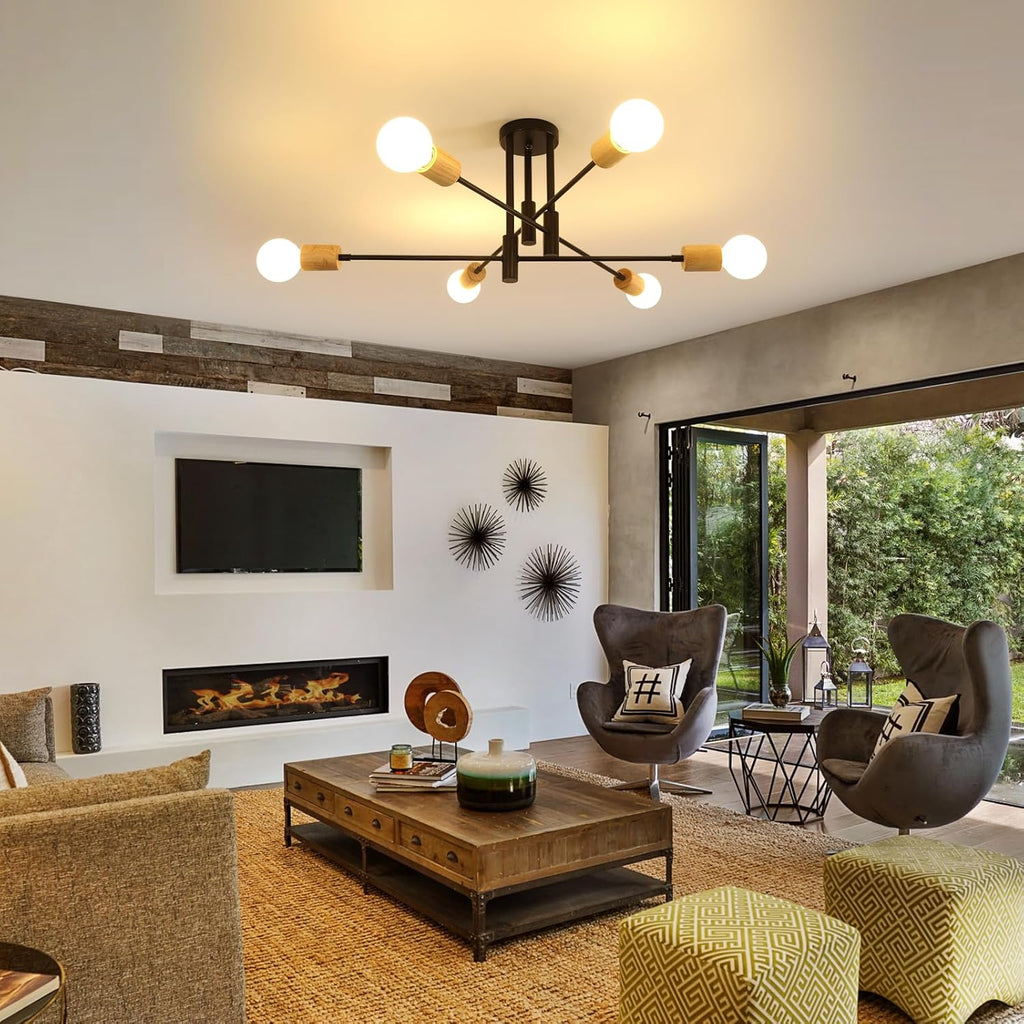 Ceiling Light - Black & Wood Metal Frame