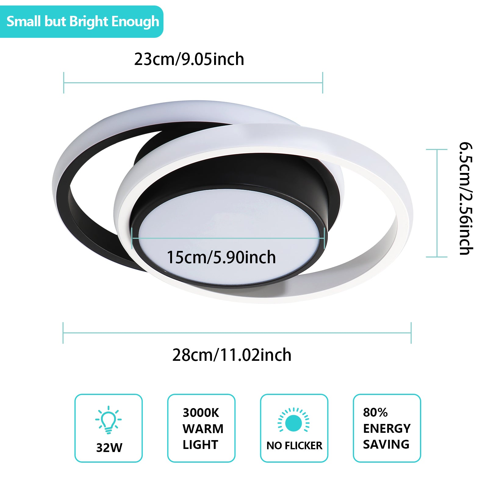 Ceiling Light - Black & White Aluminium Frame, White Light